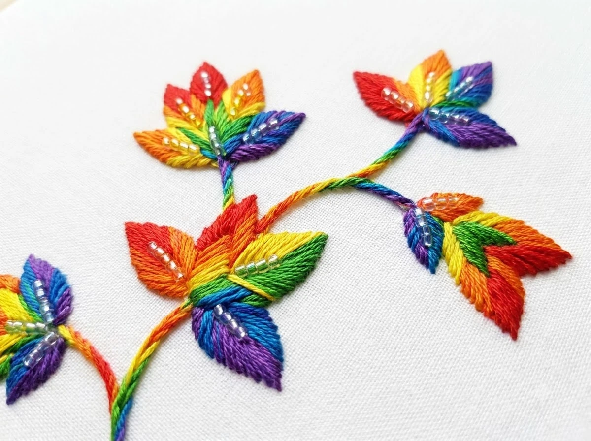 Leaves embroidered in rainbow-coloured threads with small clear beads on white fabric.