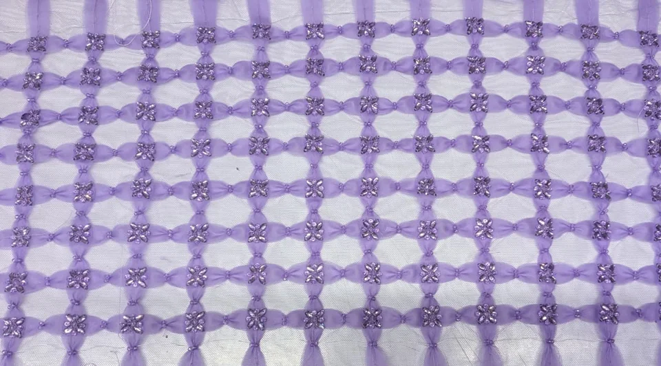 Lilac open grid with gathered shapes and small floral accents at the intersections.