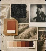 Moodboard with fabric swatches, colour references and fashion photographs