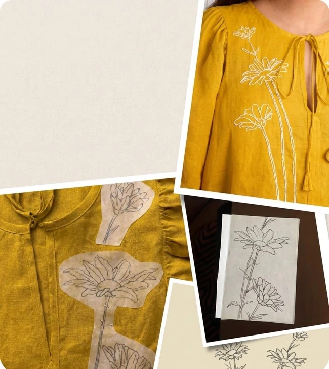 Floral embroidery sketches and placement studies on a mustard-coloured garment